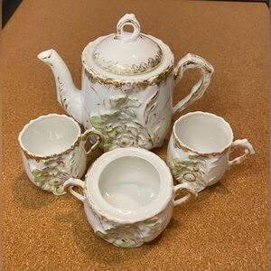 5 Piece Vintage Porcelain Tea Sugar Set Gold White Green Floral Luster Antique
